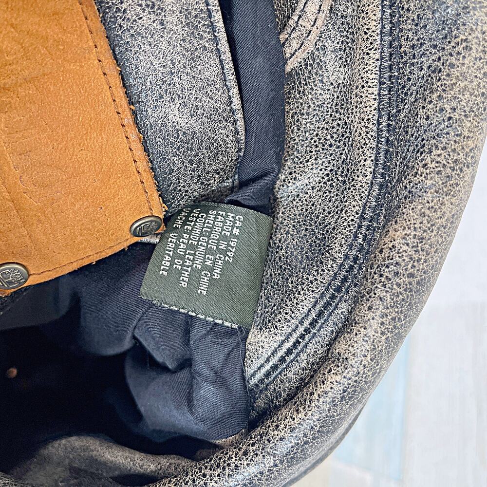 Timberland 100% Cowhide Leather Distressed Jacket Brown Zip Up Vintage Mens XL - Picture 9 of 10